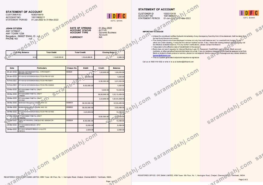 India IDFC bank statement 2 pages, new version
